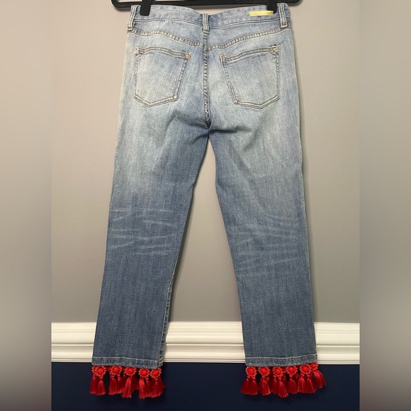 ANTHROPOLOGIE x Pilcro Light Blue Jeans with Red Beadwork and Tassels 26 - Picture 2 of 6